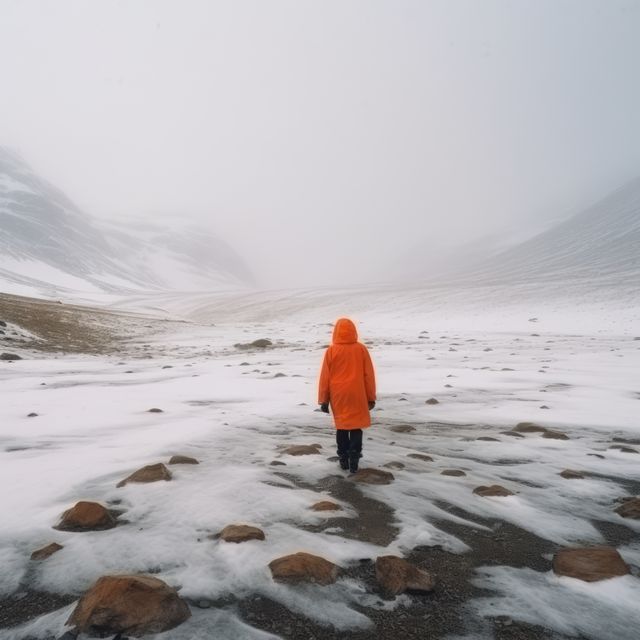 Woman walking in frozen arctic tundra landscape, created using generative ai technology. Scenery, winter and beauty in nature concept digitally generated image.