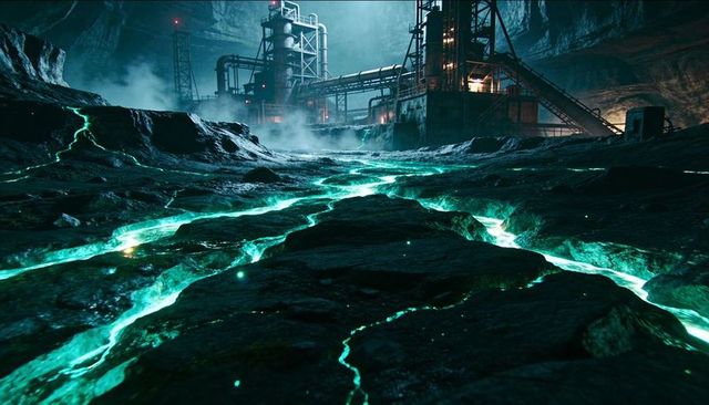 Glowing turquoise fissures cutting through cavern floor toward industrial plant
