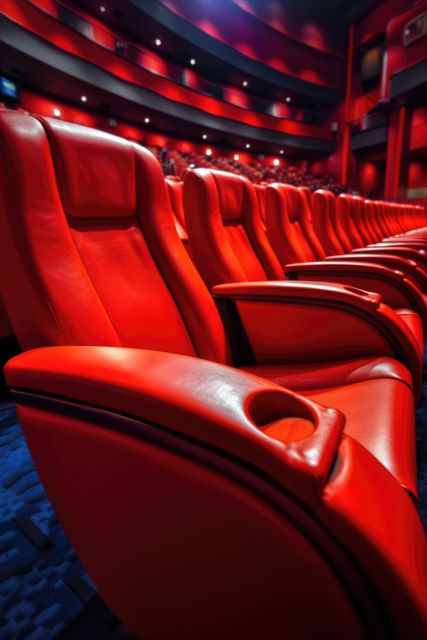 Empty red recliner seats in a modern cinema hall. Rows of luxurious chairs with cup holders, contrasting with the deep blue carpet. Ideal for use in articles about movie theaters, entertainment facilities, cinema experiences, and interior design of auditoriums.