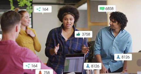 Woman leading team discussion with social metrics overlay in modern collaborative workspace