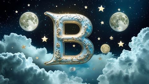 Grandiose letter b among stars and moons in dreamy night sky