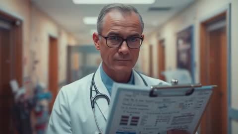 Senior doctor reviewing patient chart on clipboard while standing in hospital corridor
