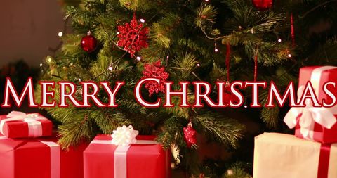 Festive Merry Christmas Text with Gifts Under Tree - Download Free Stock Images Pikwizard.com
