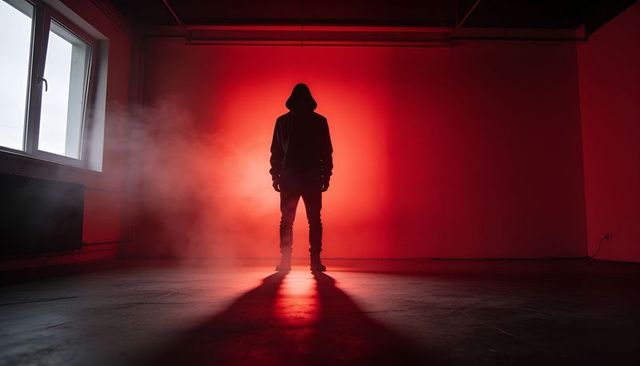 Hooded silhouette standing in red backlight with smoky industrial warehouse atmosphere