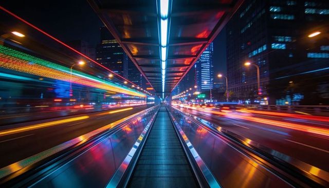 Neon Motion Corridor Racing Through City Nightscape with LED Canopy and Light Trails