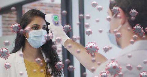 Temperature check during covid-19 pandemic with virus animation