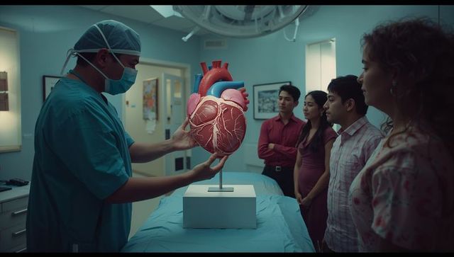 Surgeon demonstrating heart anatomy model to group in medical room
