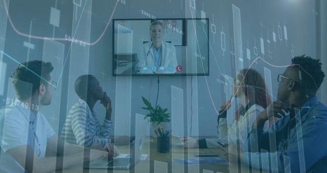 Diverse Team in Video Conference with Doctor and Financial Analysis Background - Download Free Stock Images Pikwizard.com