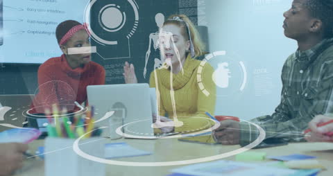 Business Team Meeting with Digital Interface Overlay