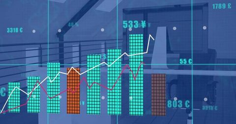 Displaying financial dashboard over modern office with stacked bar charts and trend lines