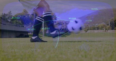 Female Soccer Player Kicking Ball with Performance Metrics Overlay
