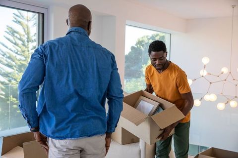 Father and Son Moving Boxes in Bright Modern Living Room