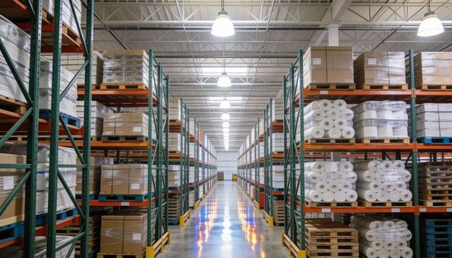 Bright polished center aisle warehouse with pallet racks, stacked boxes and wrapped rolls