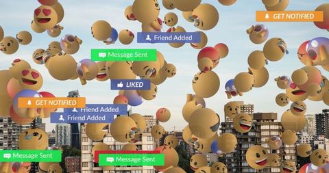 Floating Emojis and Social Media Alerts Over Urban Skyline