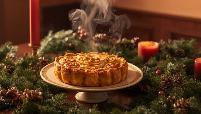Steaming Homemade Pie with Holiday Decorations