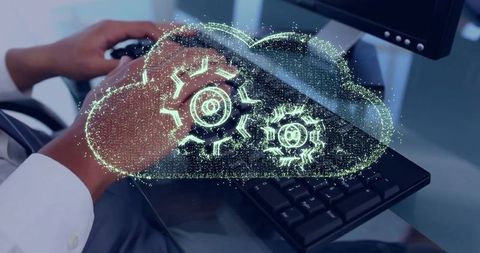 Businessman typing with virtual cloud technology interface