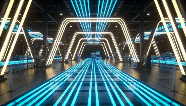 Futuristic neon warehouse corridor illuminating cyan pathway with symmetric light arches