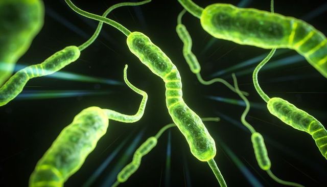 Glowing spiral bacteria floating with flagella in magnified fluorescent 3d render