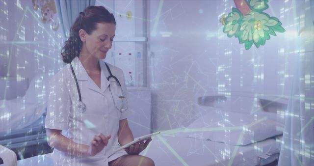 Nurse sitting in hospital room using tablet, with digital network overlay representing technology integration in healthcare. Can be used for depicting modern healthcare practices, digital transformation in hospitals, medical technology applications, and efficient patient information management.