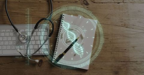 Digital DNA Projection Above Medical Tools Illustrates Innovation