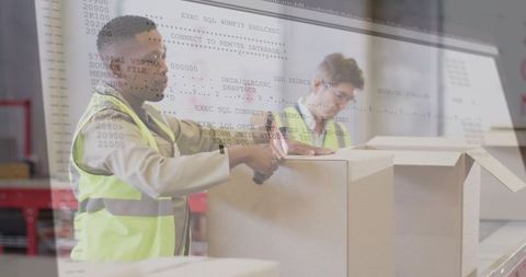 Warehouse packers sealing boxes with tape gun and code overlay for logistics fulfillment