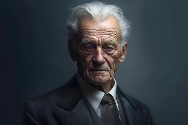 Portrait of pensive old man on grey background, created using generative ai technology. Portraiture, old age and facial expressions concept digitally generated image.