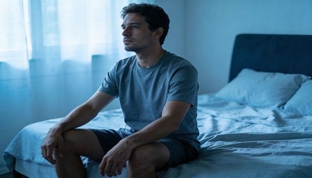 Young man sitting on bed gazing through sheer curtains in tranquil blue bedroom