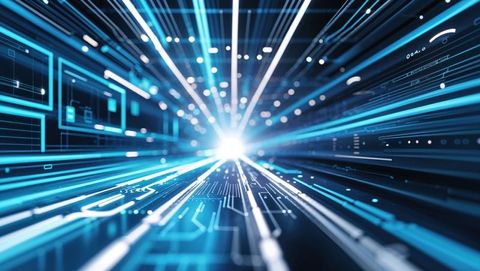 Futuristic digital tunnel with streaming light trails and network nodes