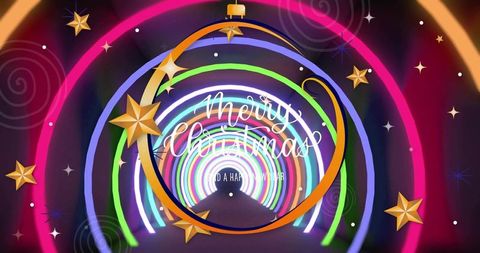 Neon tunnel merry christmas ornament with golden ring, rainbow arches and stars