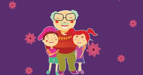 Happy Grandfather Hugging Grandchildren With Flowers - Download Free Stock Images Pikwizard.com