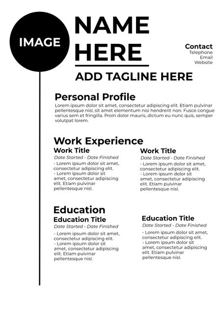 This modern resume template features a bold black circle design for strong personal branding. It projects confidence and clarity with its clean layout, detailing personal profile, work experience, and education sections. Ideal for creative professionals and job seekers looking to make a strong impression in their applications. Perfect for digital use and easily editable to suit various positions or career needs.