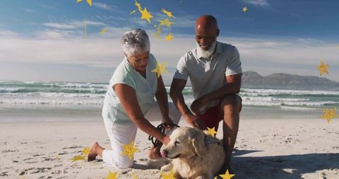 Senior Couple Enjoying Time with Dog on Scenic Beach