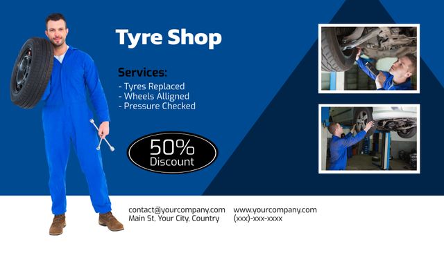 Mechanic in Blue Coveralls Promoting Tyre Shop Services and Discount - Download Free Stock Templates Pikwizard.com