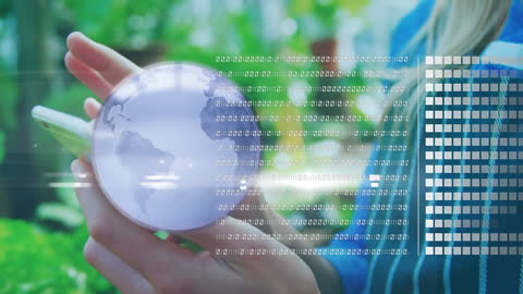 Woman Using Smartphone with Digital Data Overlay