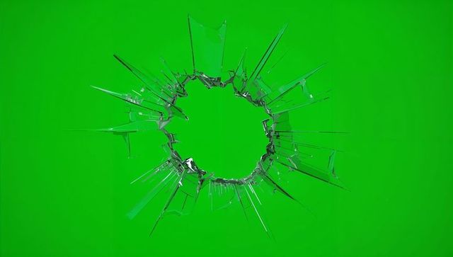 Shattering glass ring with radial cracks on green screen for compositing and mockups