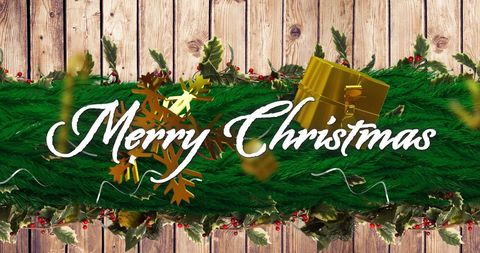 Festive Merry Christmas Text with Decorations on Wood