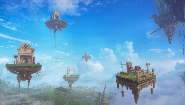 Wooden platform carrying winch and barrels over misty valley, floating fantasy islands