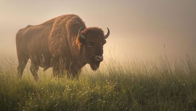 Majestic american bison grazing in misty dew-covered grassland at dawn