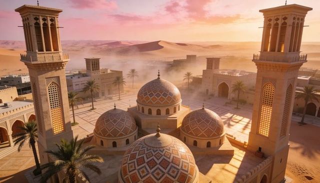 Sunset-lit desert mosque complex with ornate domes and tall minarets