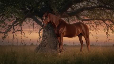 Chestnut Horse by Oak Tree at Vibrant Sunset in Tranquil Pasture