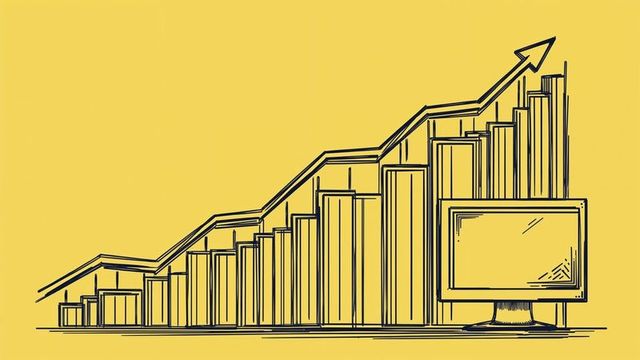 Rising Bar Chart with Monitor on Yellow Background Symbolizing Growth