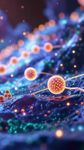 Looping Vertical Animation Glowing Orange Spheres Drifting Over Vibrant Blue Cellular Membrane