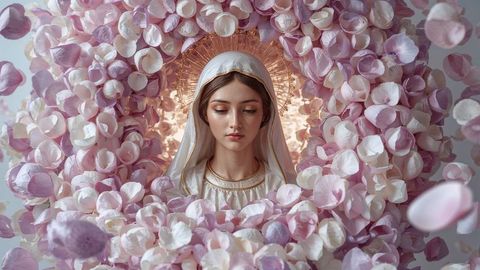 Elegant sanctuary scene with holy the virgin mary statue framed by pink petals and gold halo