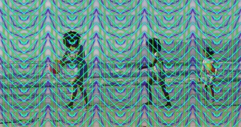 Family in minimalist gallery with vibrant neon art