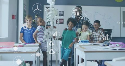 Teacher and Students Exploring Human Skeleton with Tablet and AR in Classroom