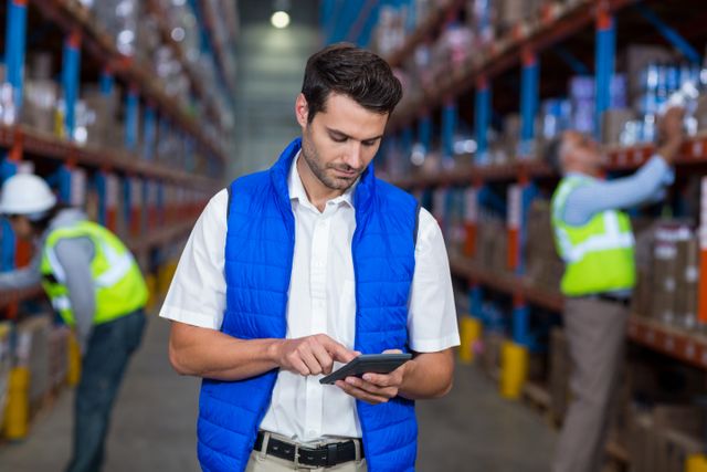Warehouse worker in blue vest using calculator while managing inventory in a distribution center. Shelves filled with boxes and other workers in safety vests in the background. Ideal for use in articles or advertisements related to logistics, inventory management, supply chain, and warehouse operations.