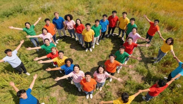 Group forming heart shape in meadow wearing colorful t-shirts smiling together