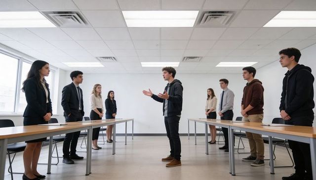 Leading classroom debate in modern meeting room while peers stand and listen