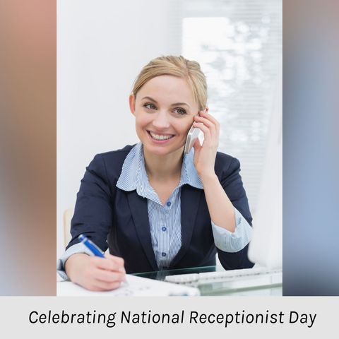 professional receptionist smiling while taking a call - Download Free Stock Templates Pikwizard.com