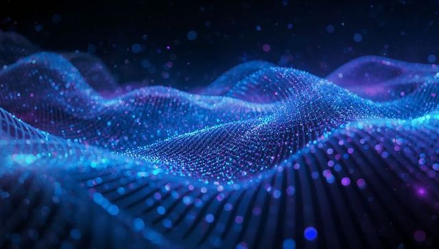 Flowing glowing particle wave mesh neon blue purple digital landscape